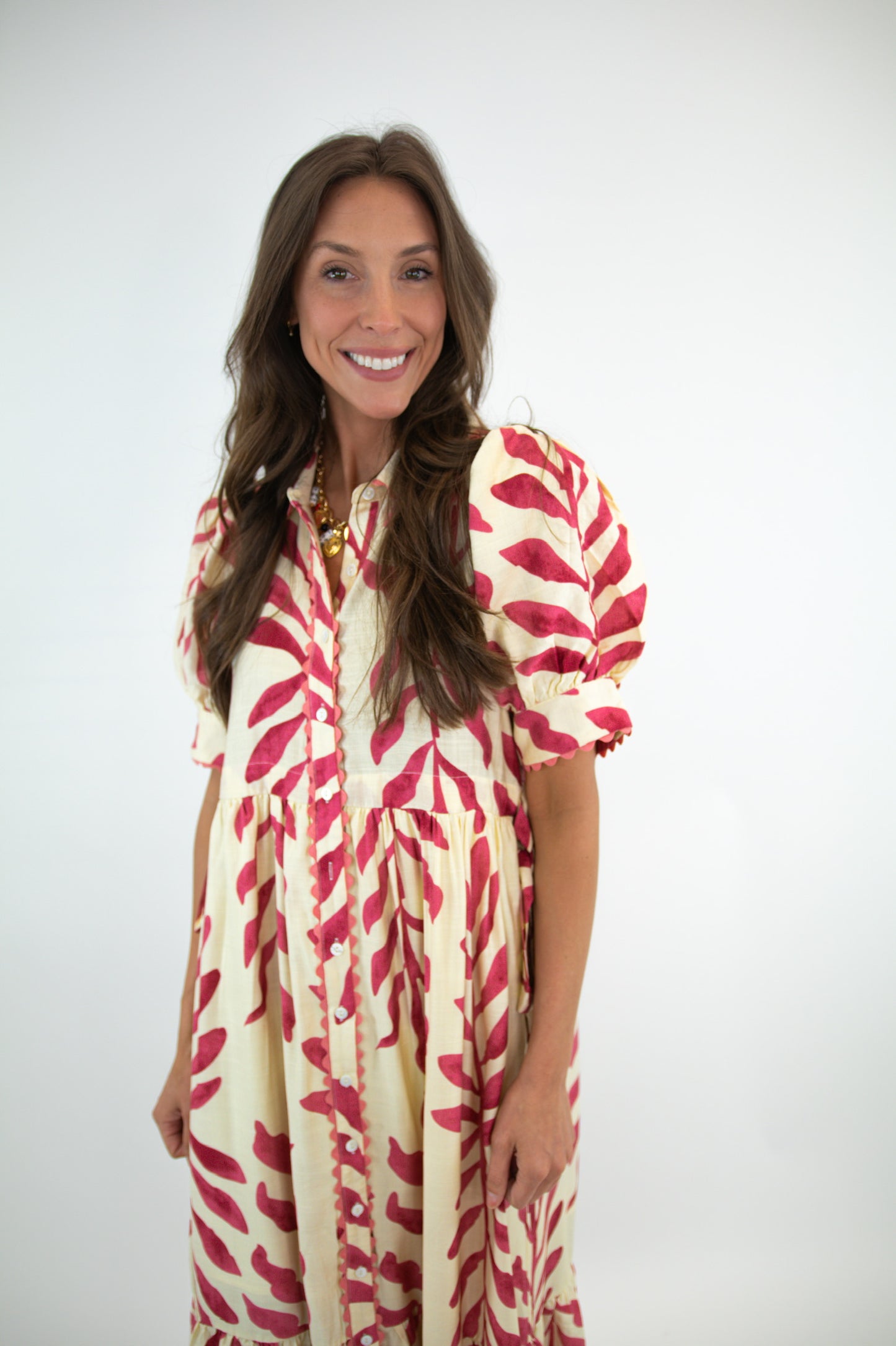 Ivory & Coral Reef Puff Sleeve Dress