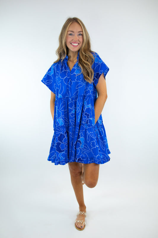 Royal Blue Floral Tiered Dress