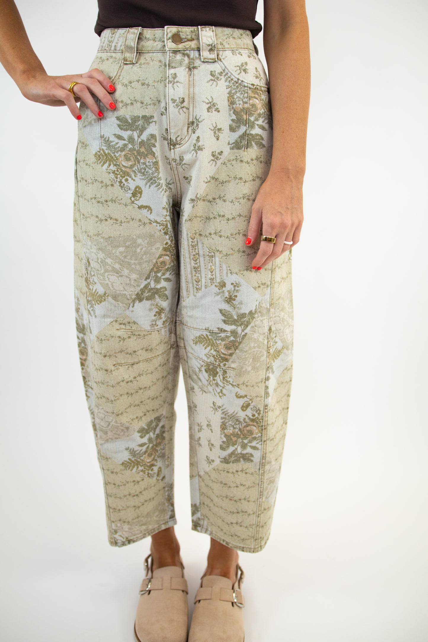 Multi Print Vintage Wash Barrel Jeans