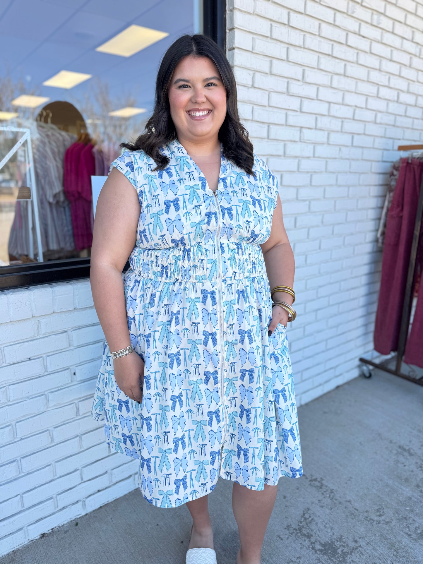 Blue Bow Printed Smocked Dress - Curvy