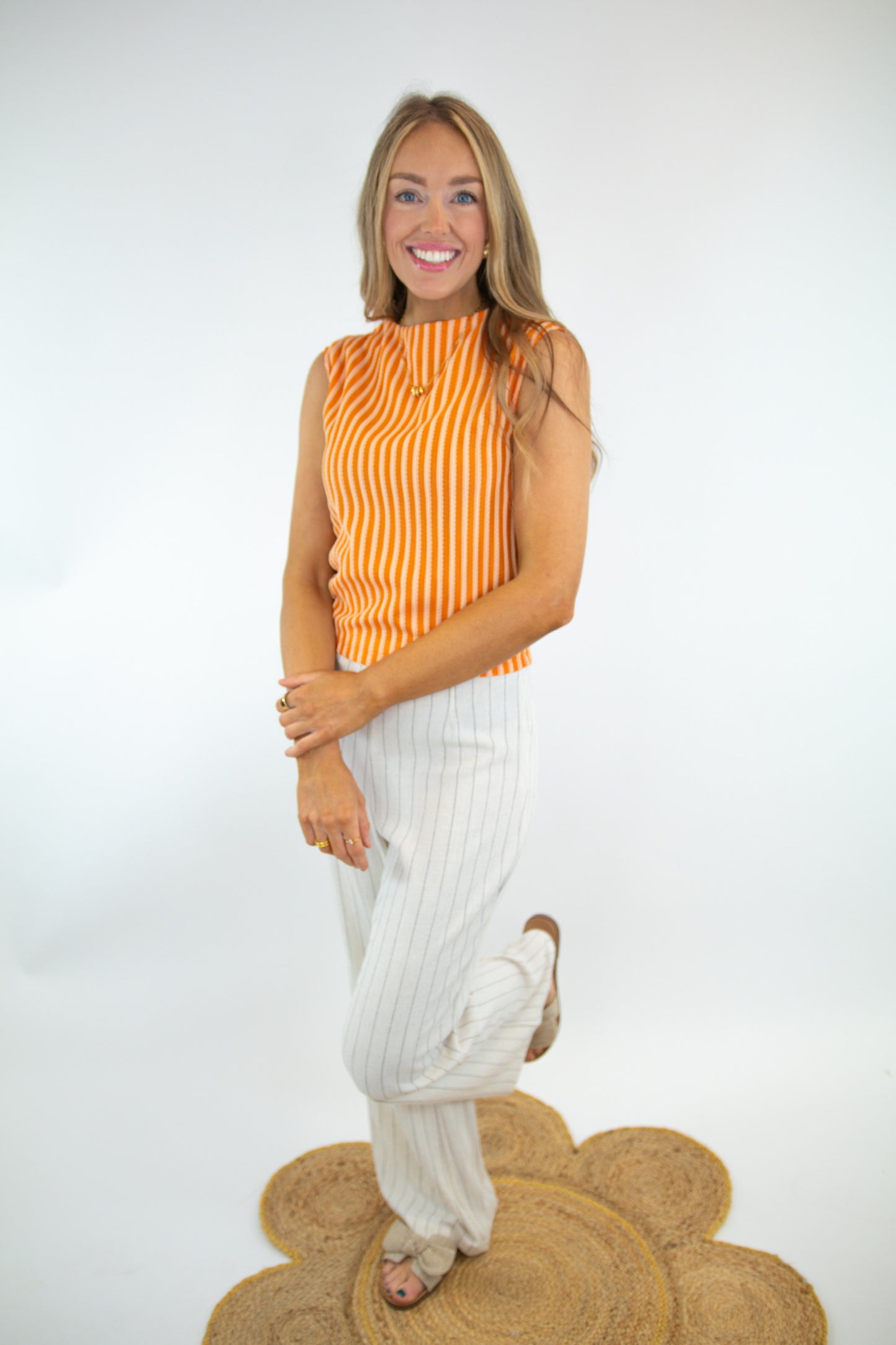 Sleeveless Orange Mock Neck Striped Top