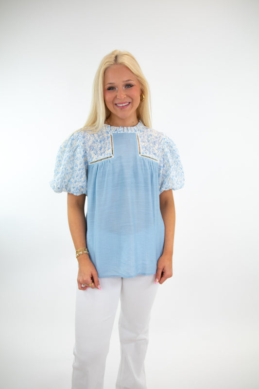 Blue Floral Puff Sleeve Top
