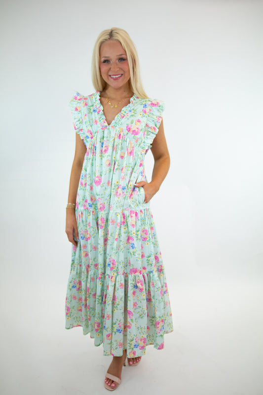 Sky Blue Pink Floral Flutter Sleeve Dress