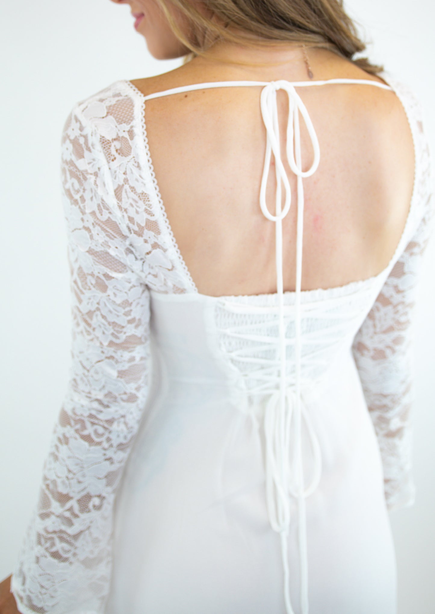 White Lace Sleeve Slit Detail Dress