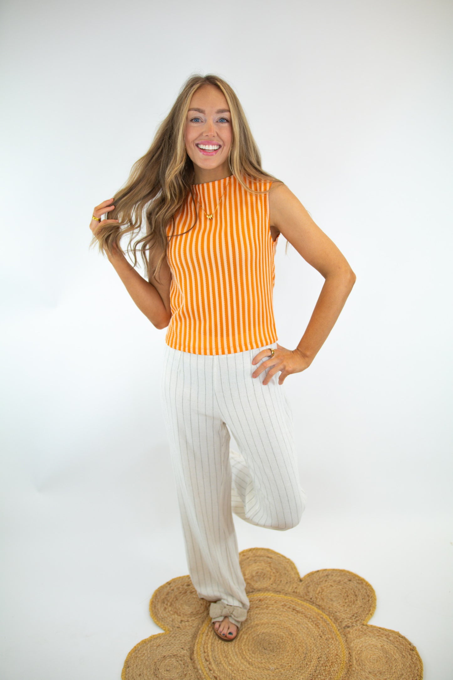 Sleeveless Orange Mock Neck Striped Top