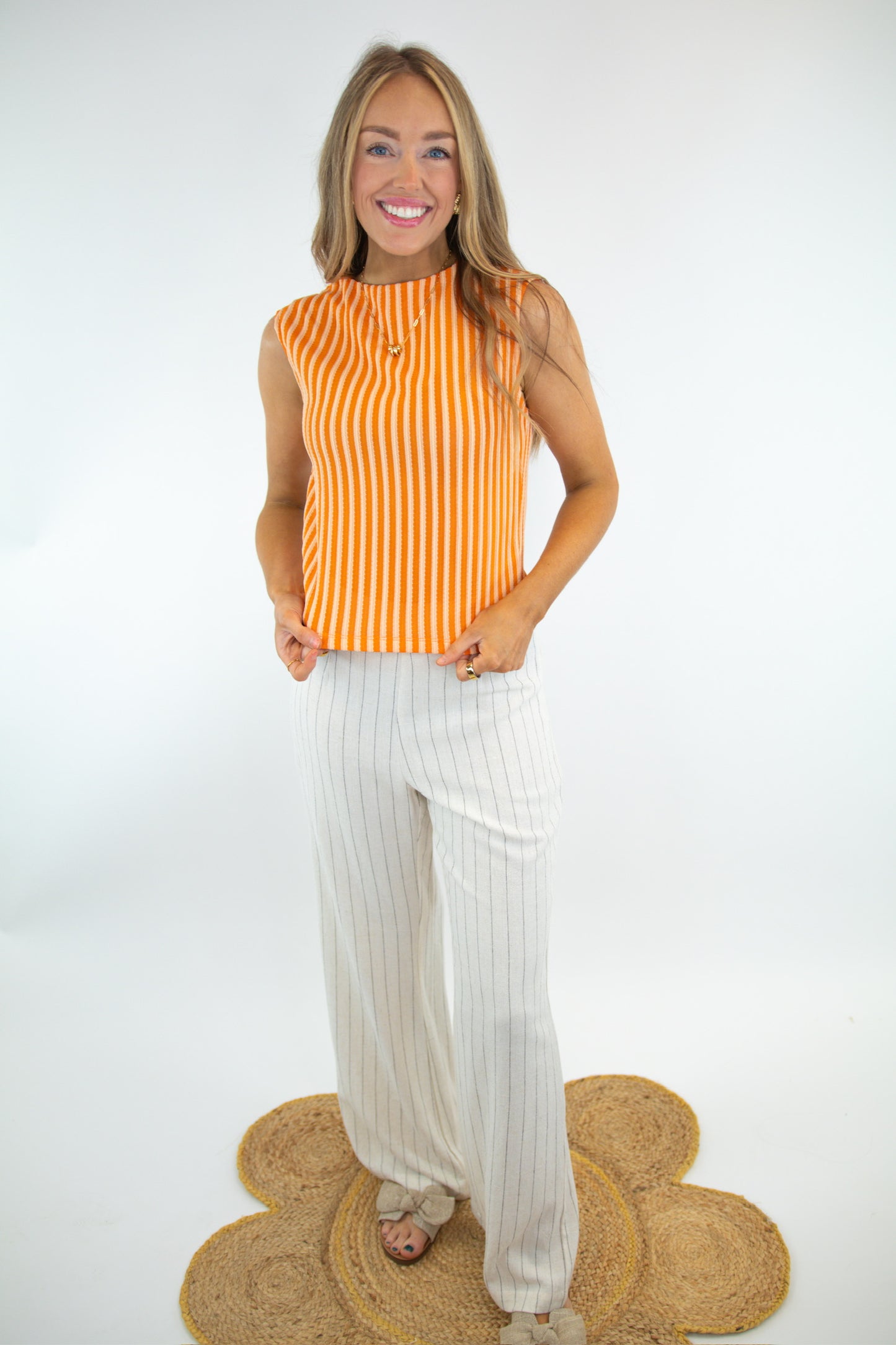 Sleeveless Orange Mock Neck Striped Top