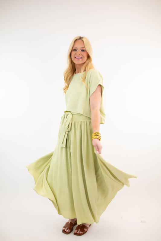 Pistachio Top & Pleated Tie Skirt Set
