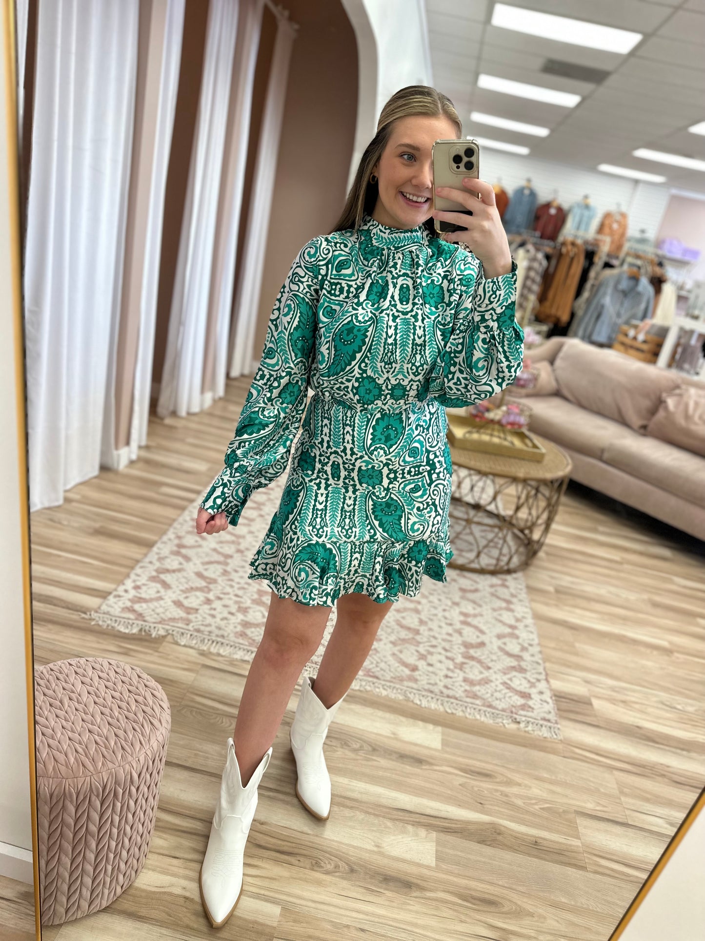 Green Patterned Long Sleeve Dress