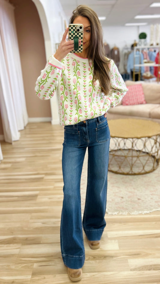 Cream Crewneck Sweater with Pink Florals