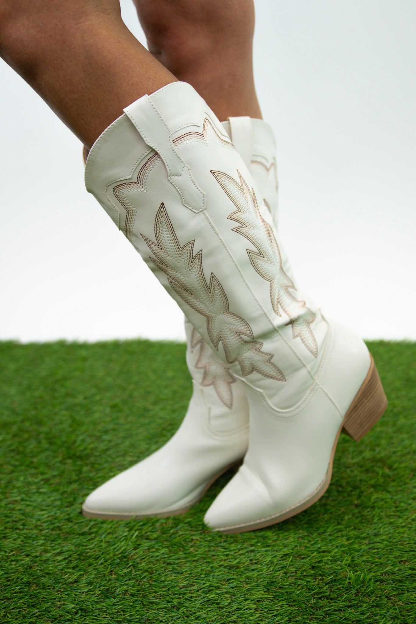 Tall White Brown Embroidered Boots