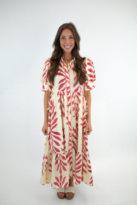 Ivory & Coral Reef Puff Sleeve Dress