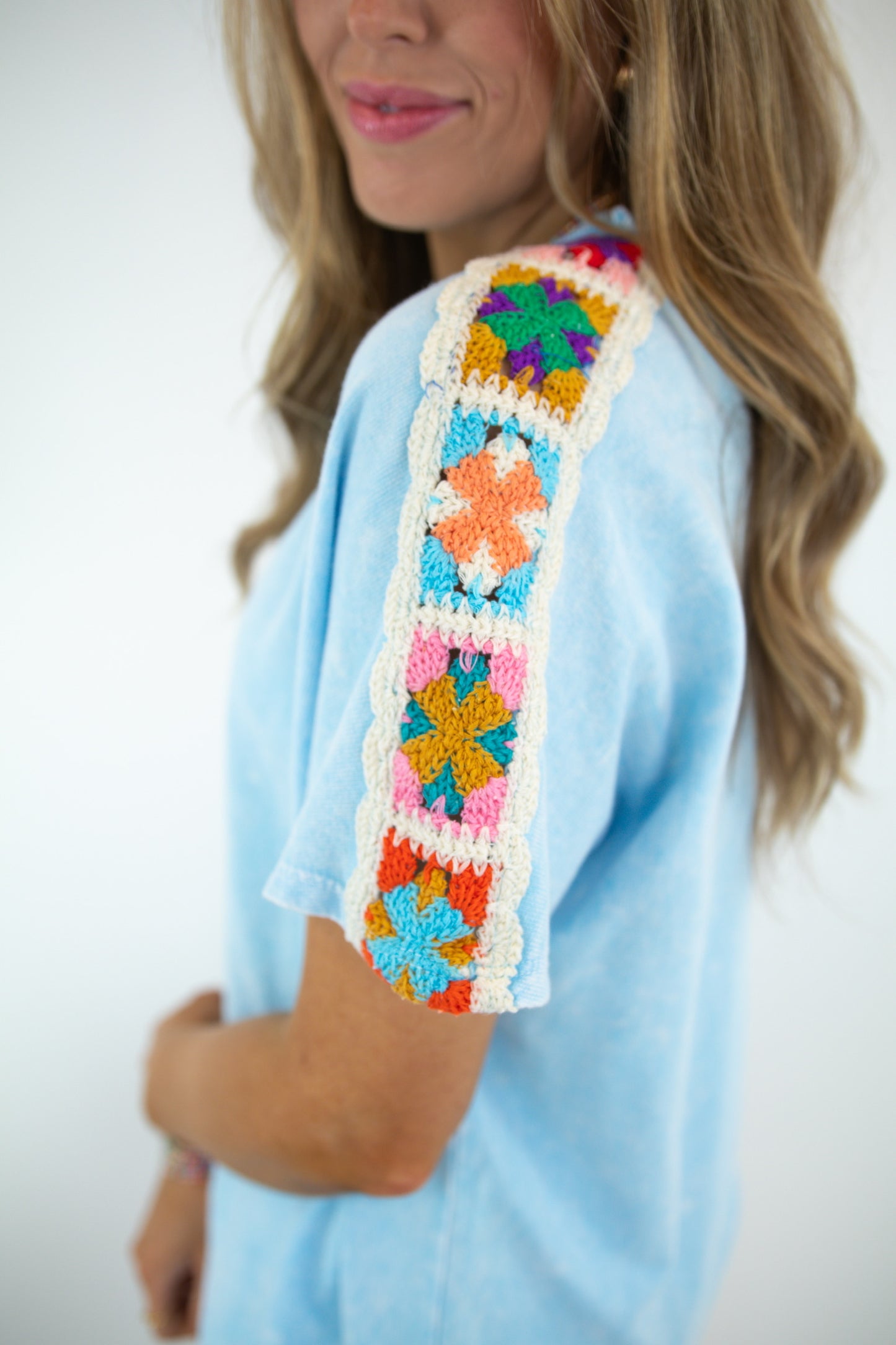 Baby Blue Mineral Wash Crochet Top