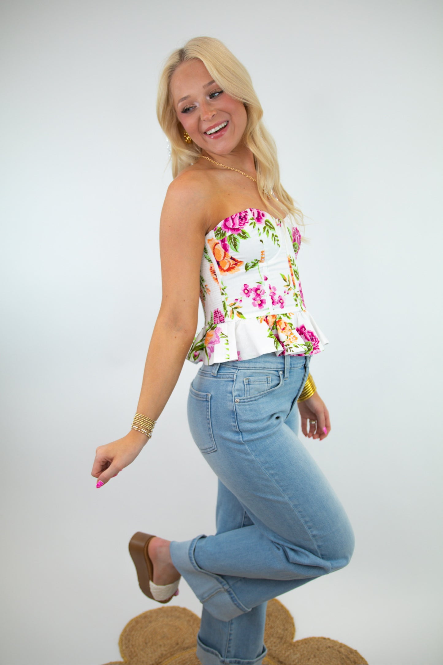 Floral Print Smocked Strapless Top