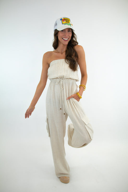 Strapless Pinstripe Linen Jumpsuit