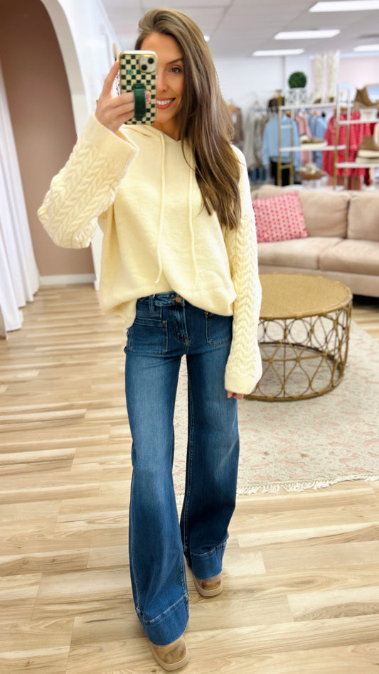 Cream Cable Knit Sweater Hoodie