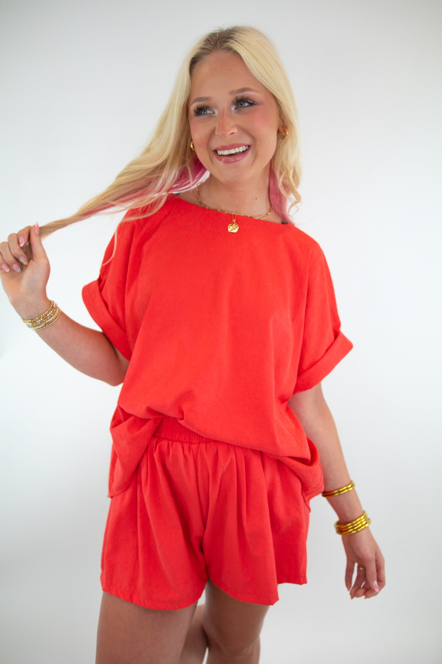 Coral Oversized Top & Belted Shorts Set