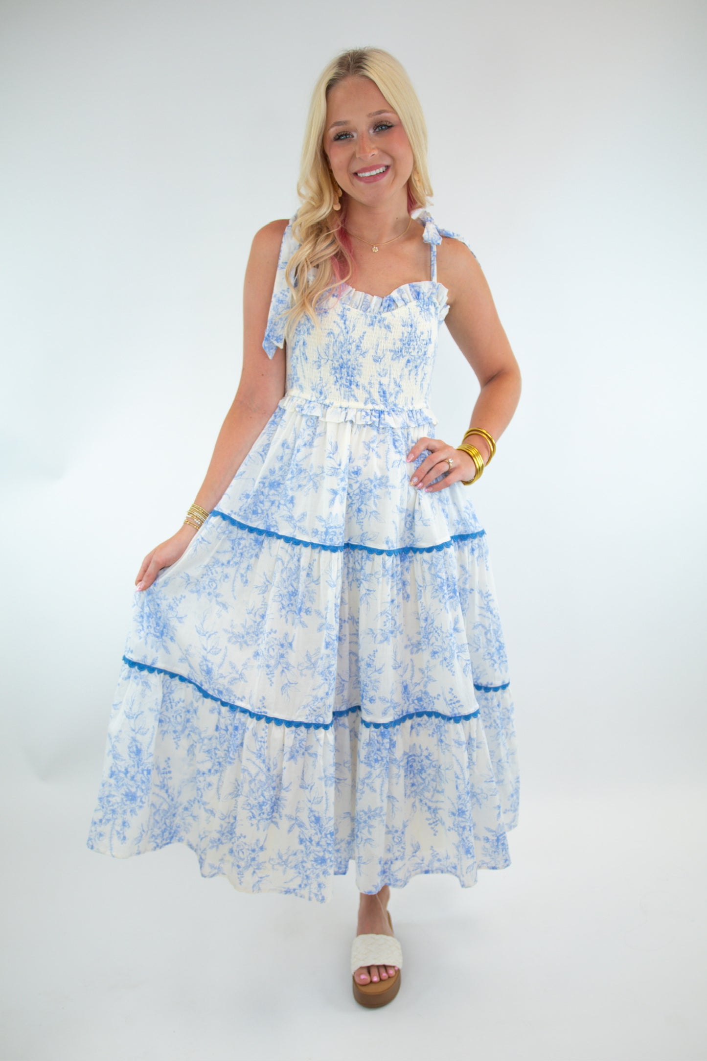 Blue Floral Smocked Ruffle Trim Midi Dress