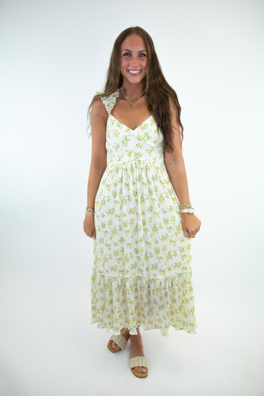 Ivory Spring Florals Ruffle Detail Dress