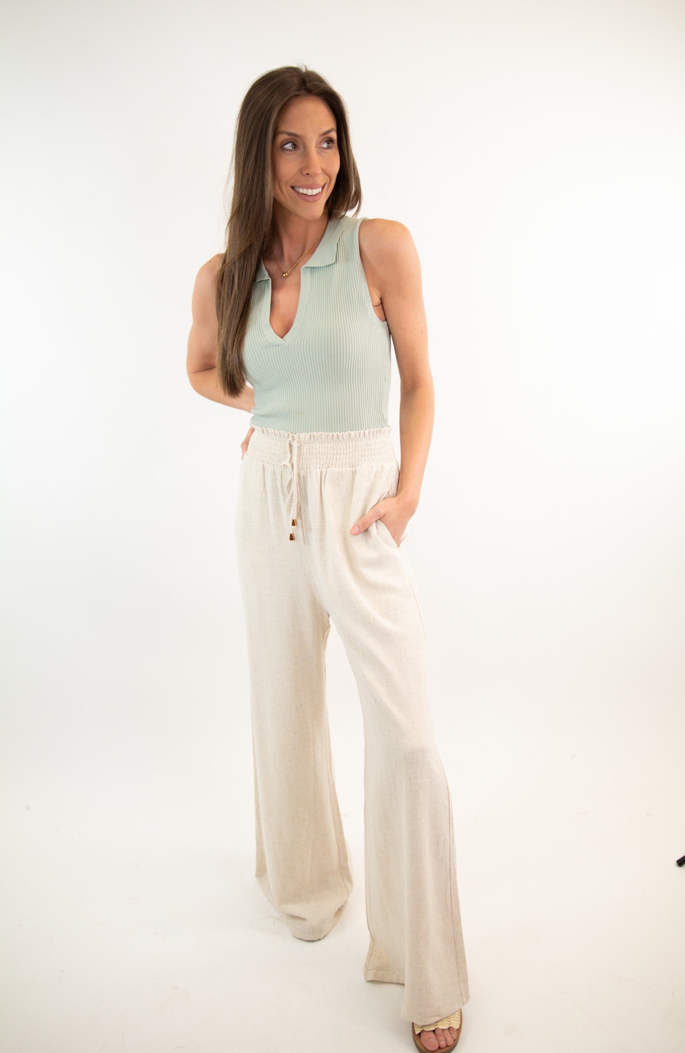 Smocked Waist Linen Wide Leg Pants
