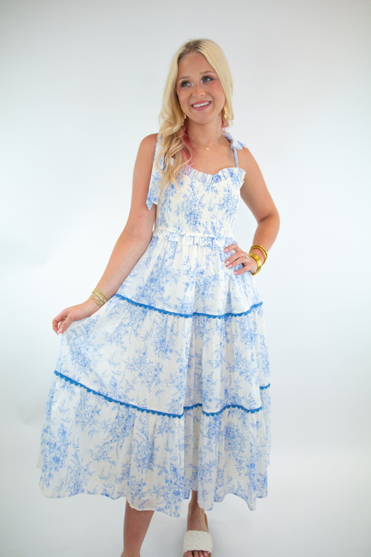 Blue Floral Smocked Ruffle Trim Midi Dress