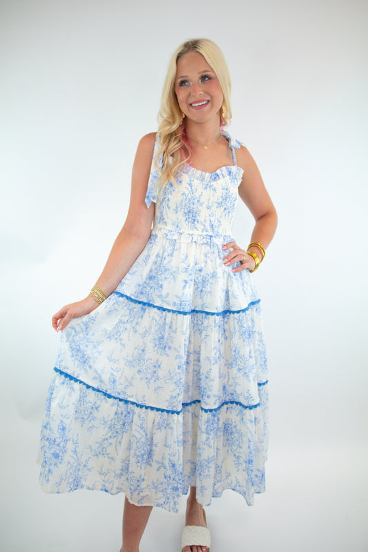 Blue Floral Smocked Ruffle Trim Midi Dress