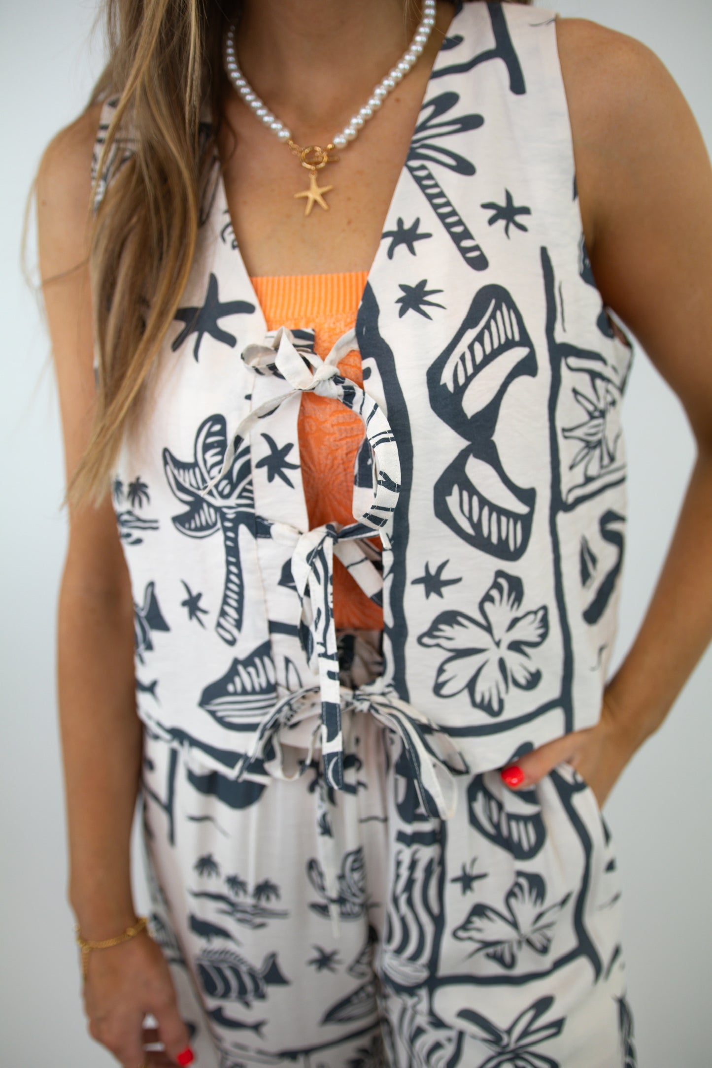Charcoal Beachy Print Tie Top