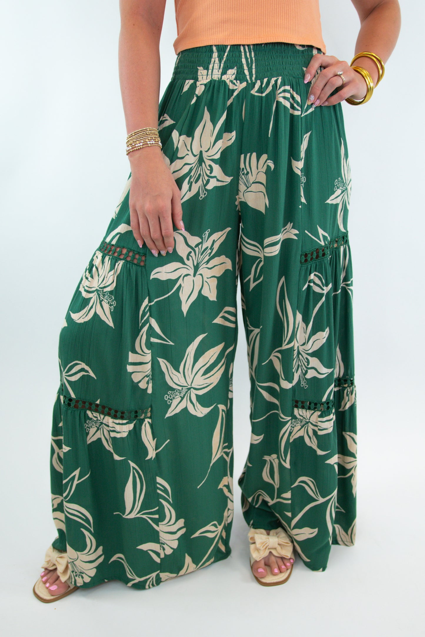 Lace Detail Tropical Wide Leg Pants