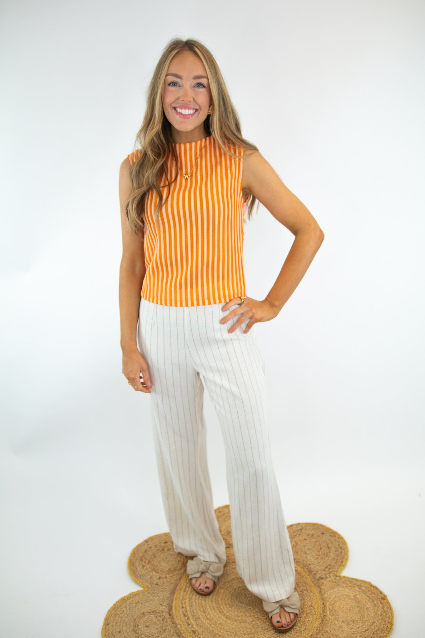 Sleeveless Orange Mock Neck Striped Top