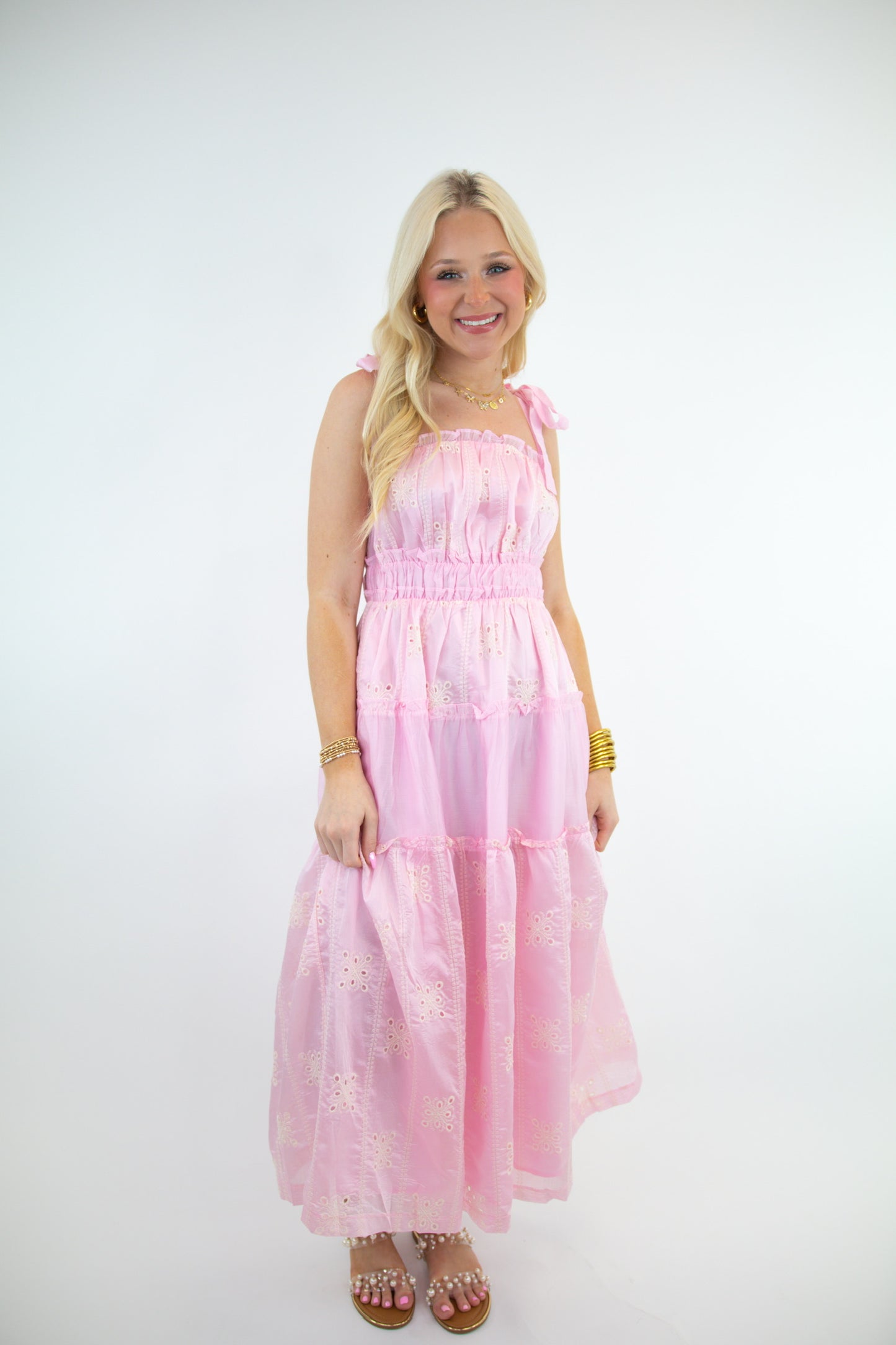 Pink Tiered Ruffle Midi Dress