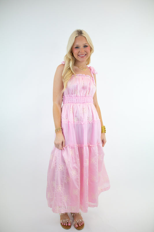 Pink Tiered Ruffle Midi Dress