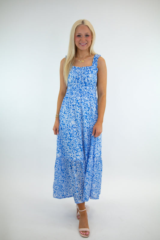Blue Print Ruffled Midi Dress