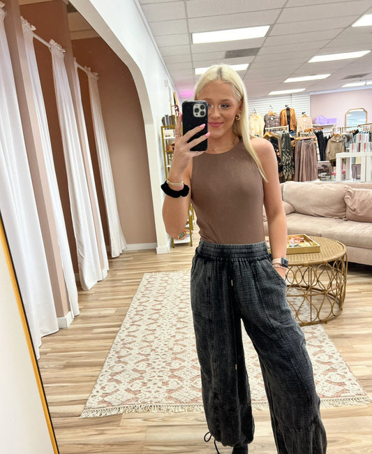 Loose Elastic Waist Linen Pants- Black