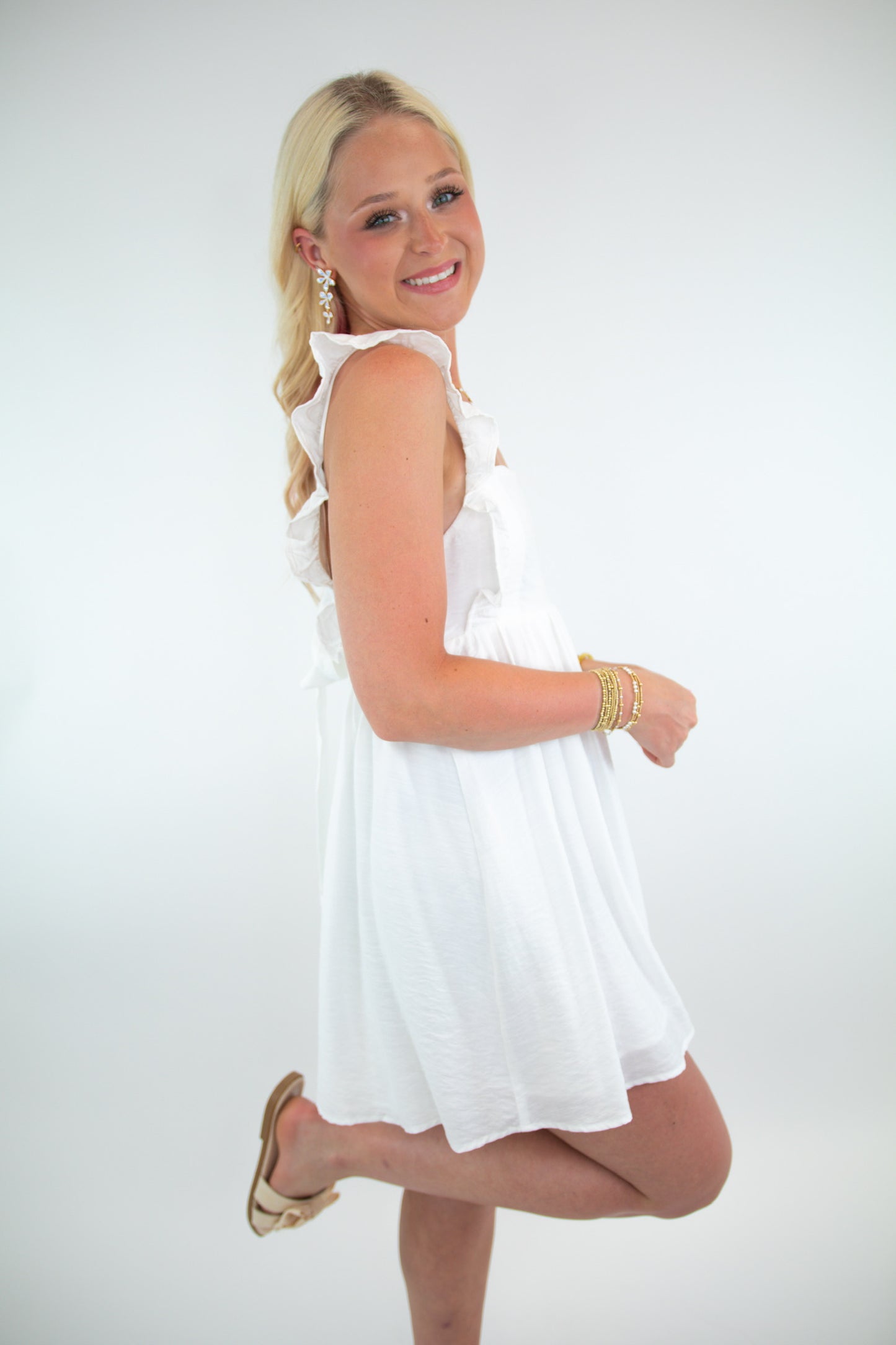 White Ruffle Tie Back Baby Doll Mini Dress