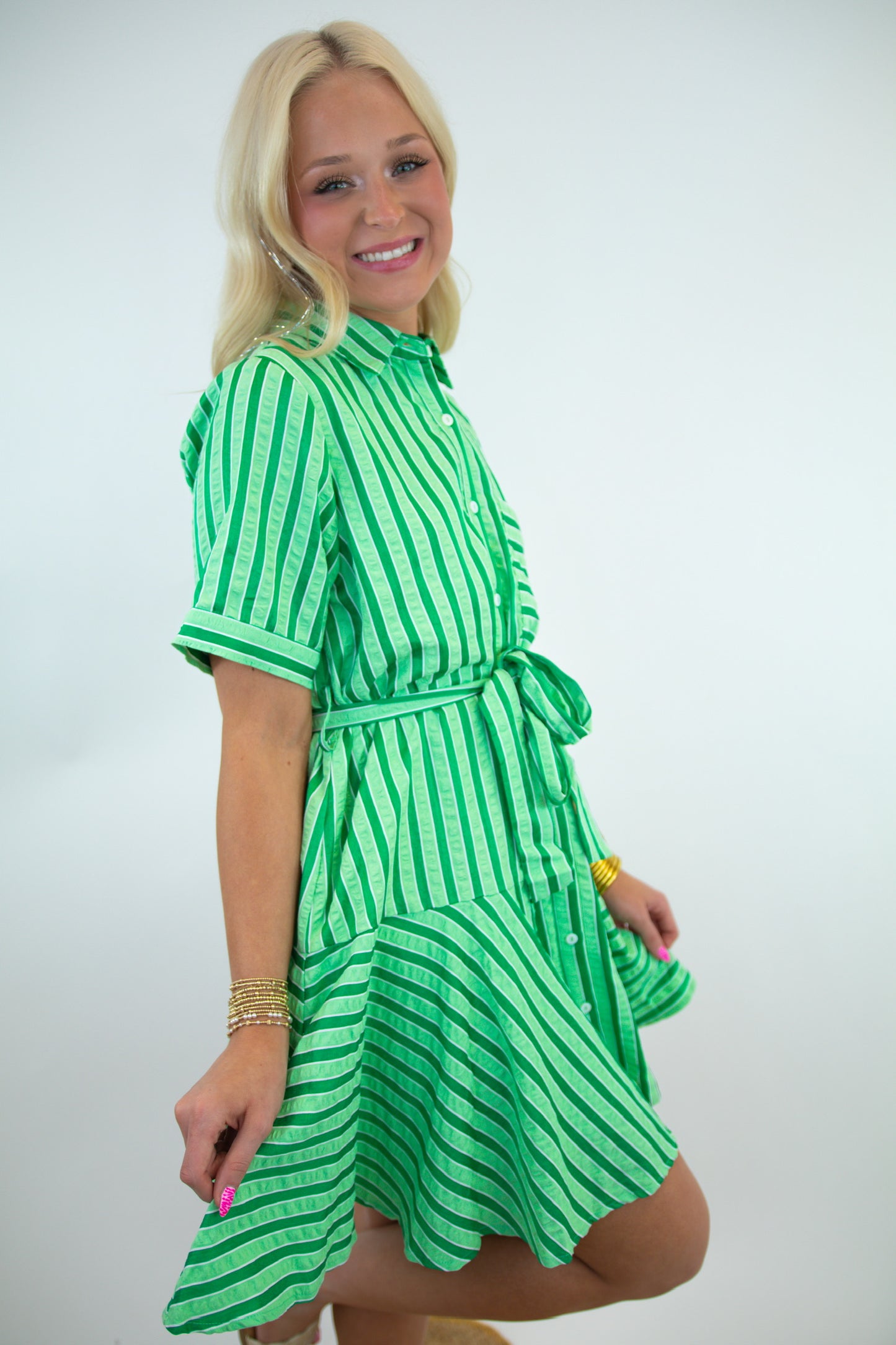 Kelly Green Striped Collared Button Up Dress