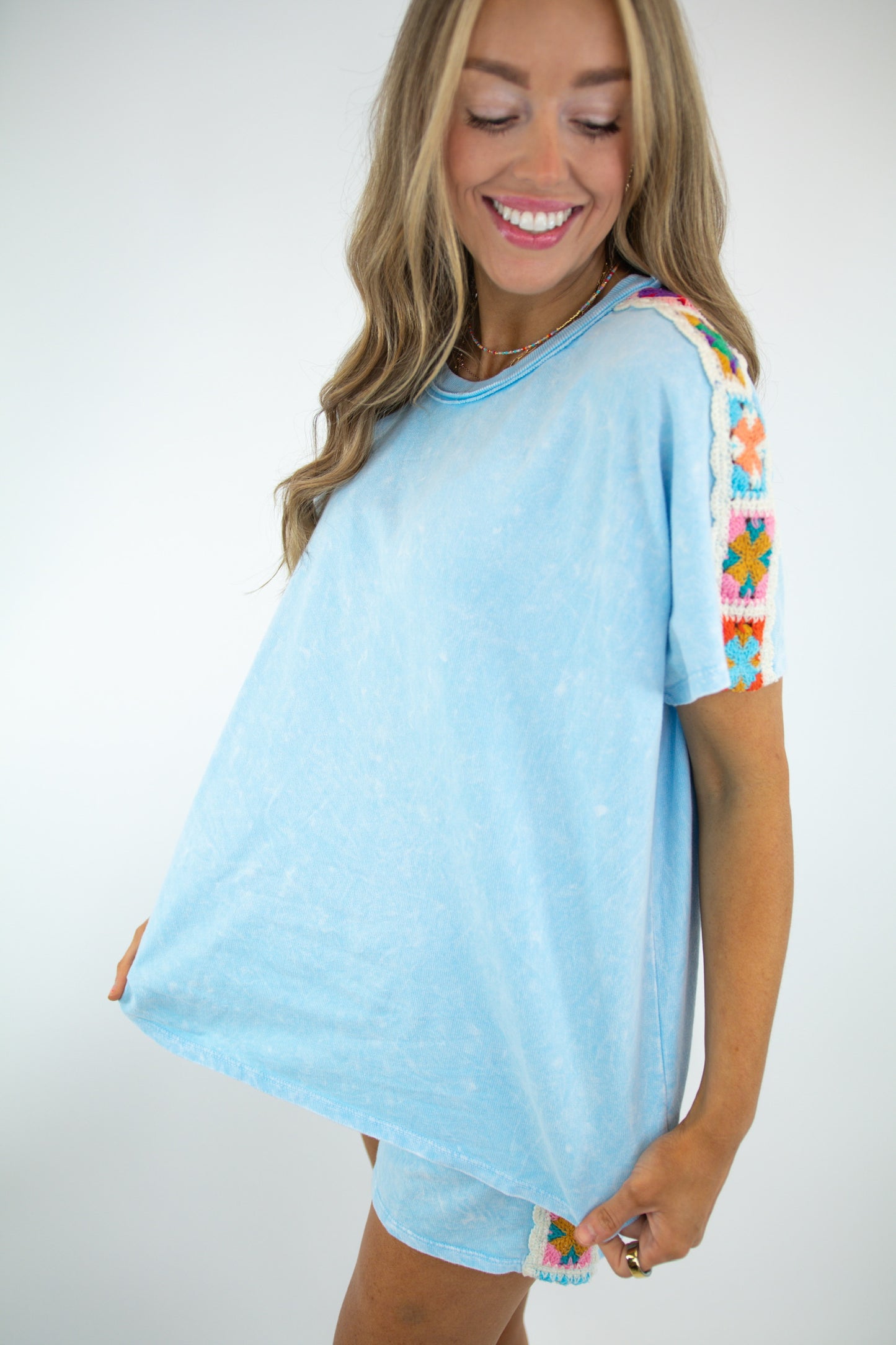 Baby Blue Mineral Wash Crochet Top