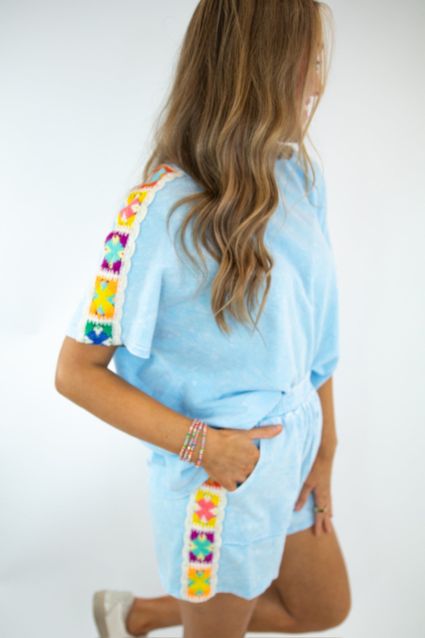 Baby Blue Mineral Wash Crochet Top