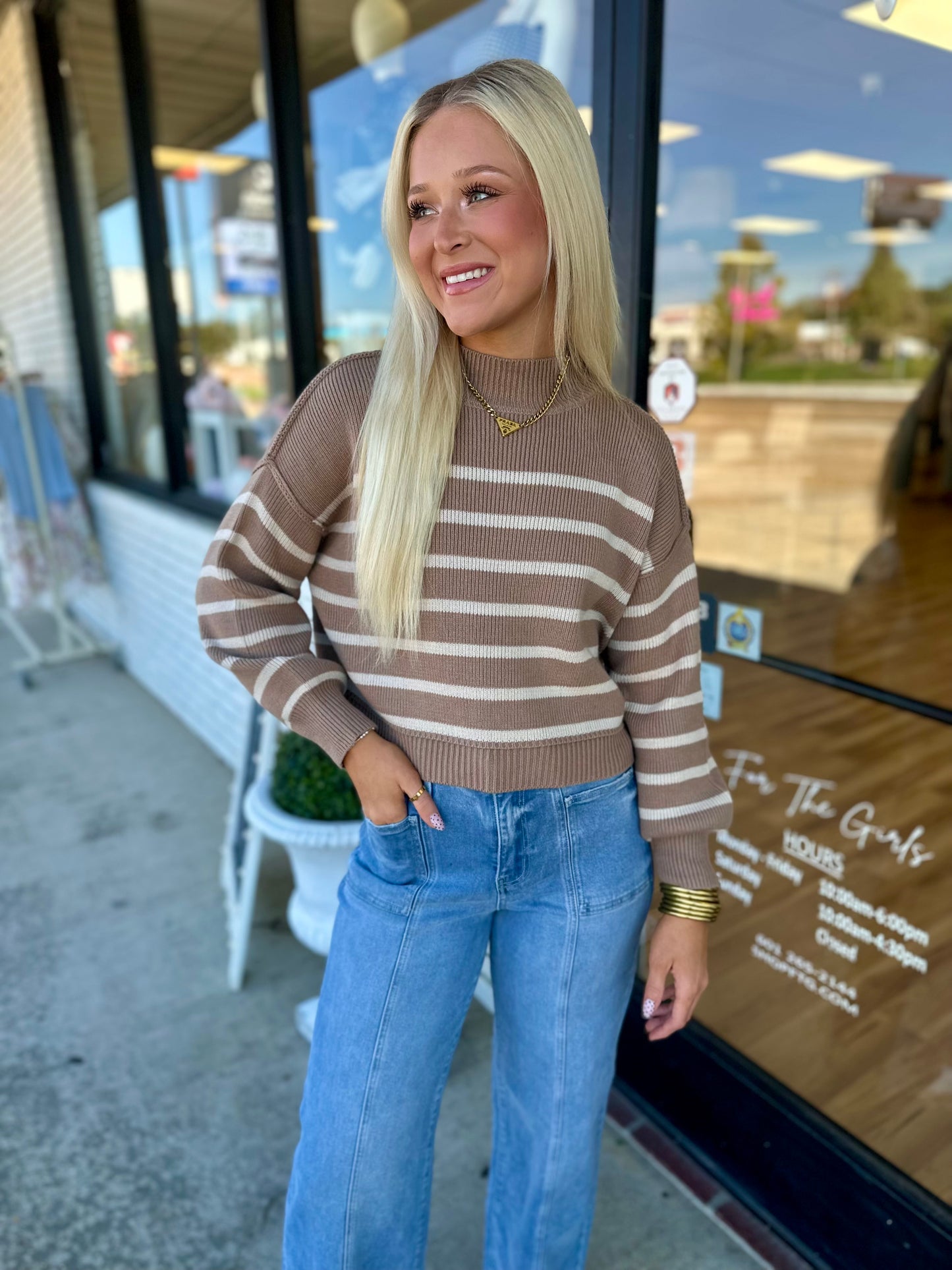 Brown Mock Neck Striped Knit Sweater