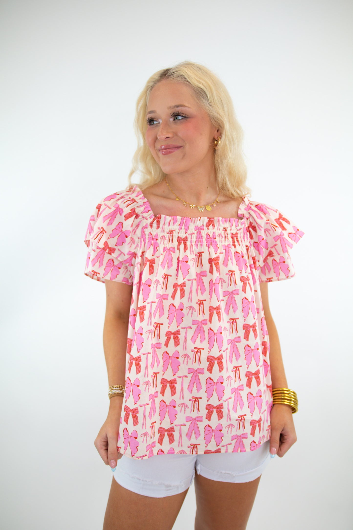Pink Bow Ruffle Sleeve Top