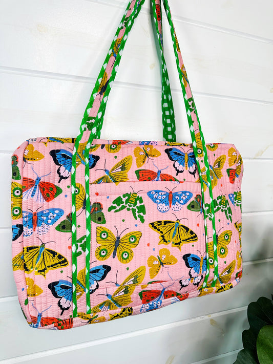 Pink Butterfly Quilted Duffle Weekender Bag