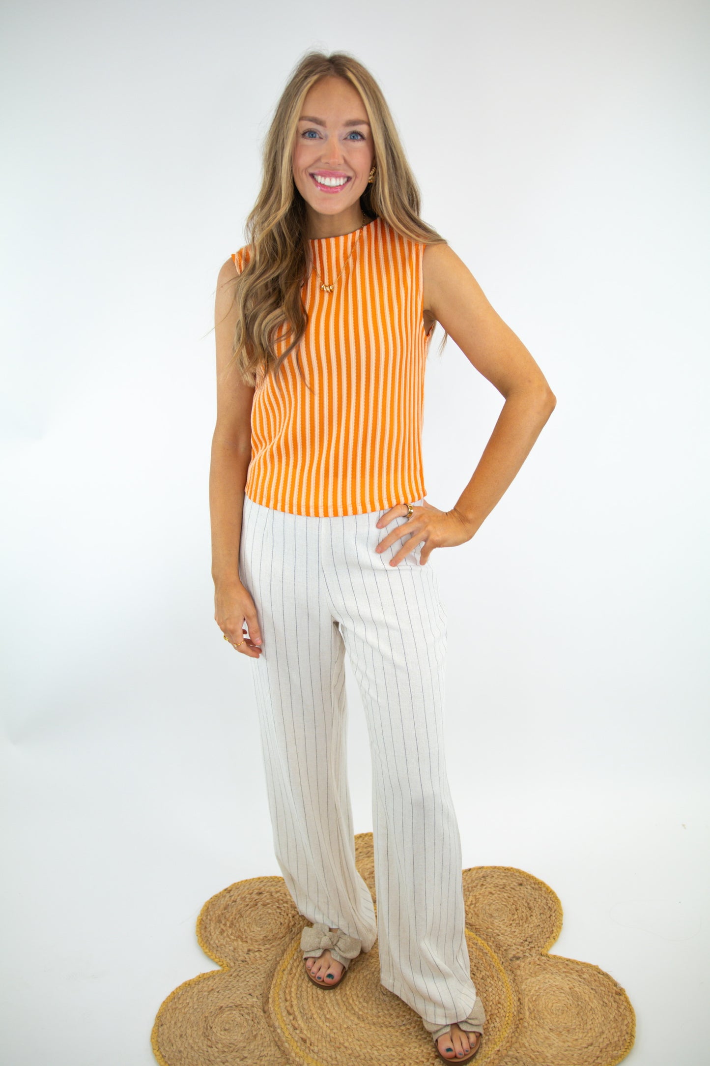 Sleeveless Orange Mock Neck Striped Top