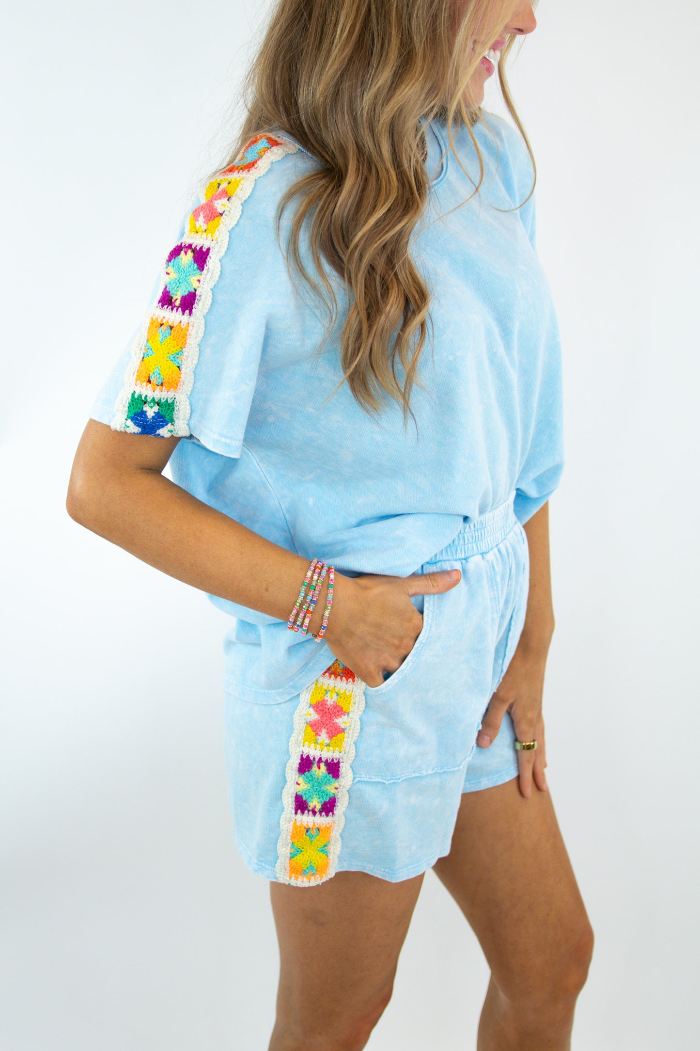 Baby Blue Mineral Wash Crochet Top