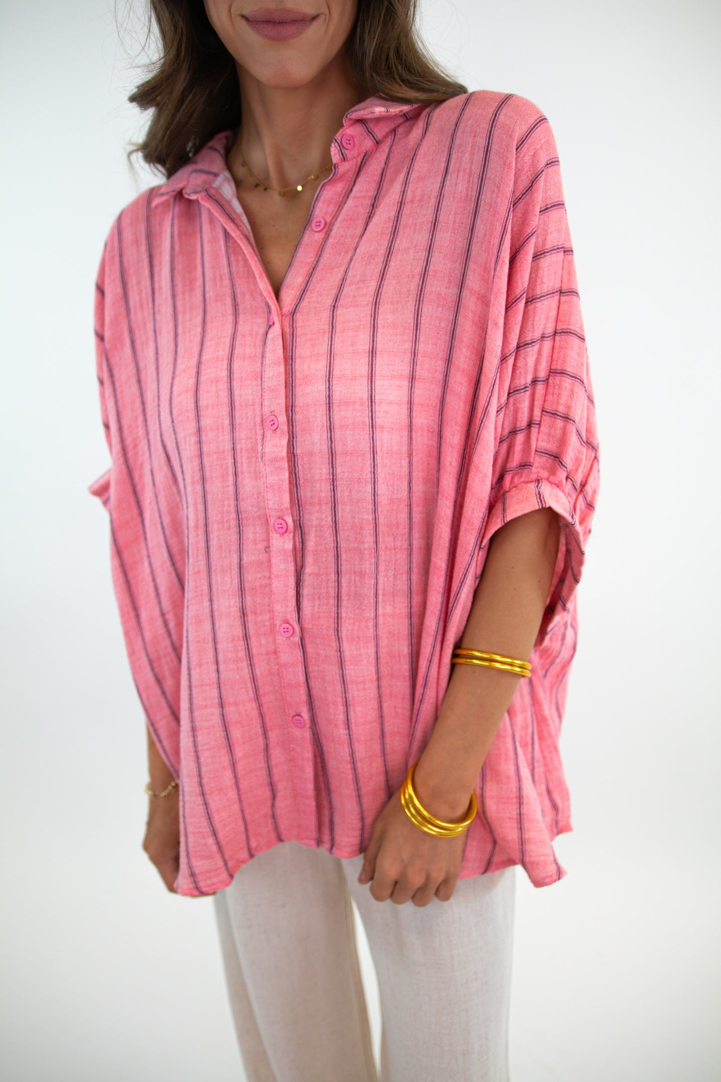 Oversized Coral Striped Button Down Top
