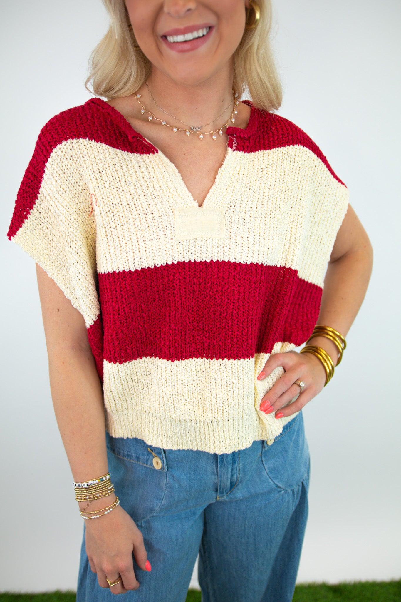 Red & White Striped Sleeveless Sweater