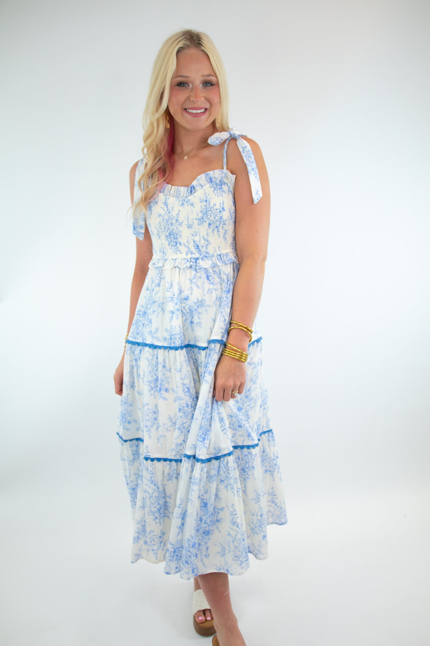 Blue Floral Smocked Ruffle Trim Midi Dress