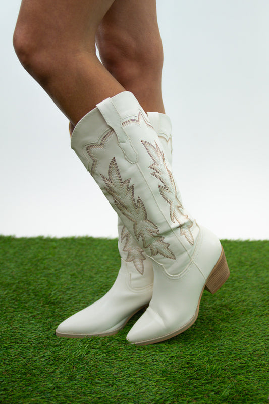 Tall White Brown Embroidered Boots