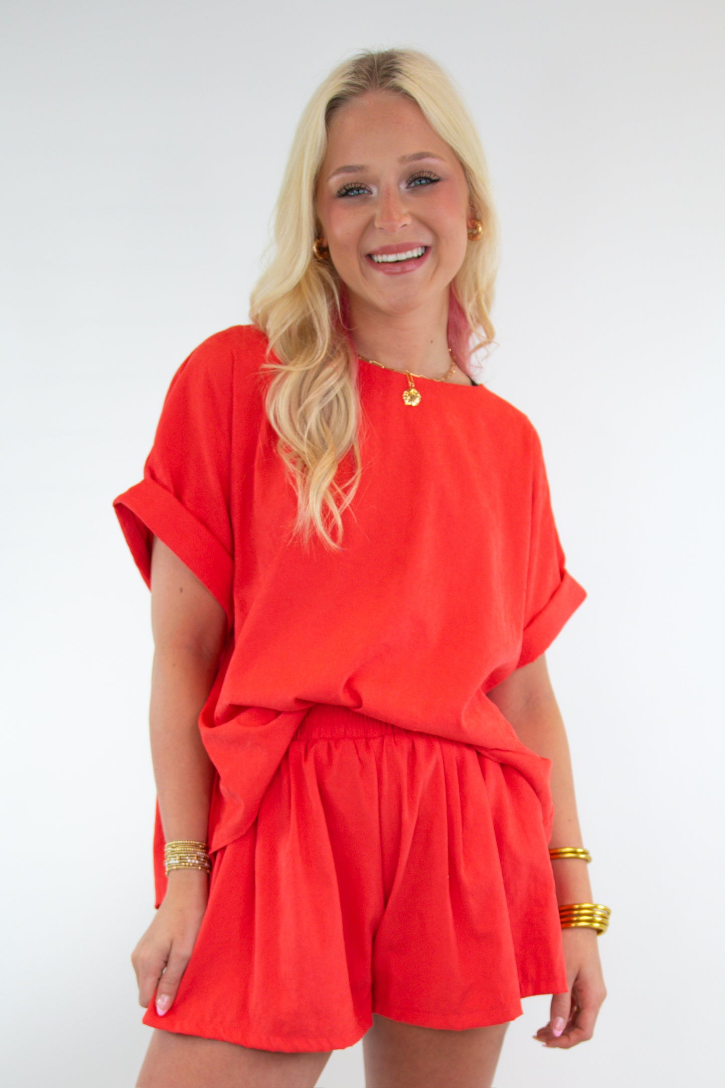 Coral Oversized Top & Belted Shorts Set