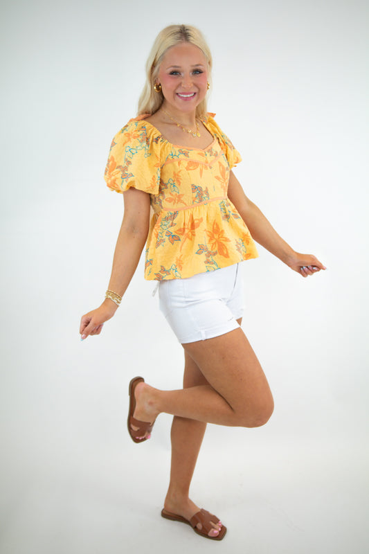 Papaya Floral Puff Sleeve Top