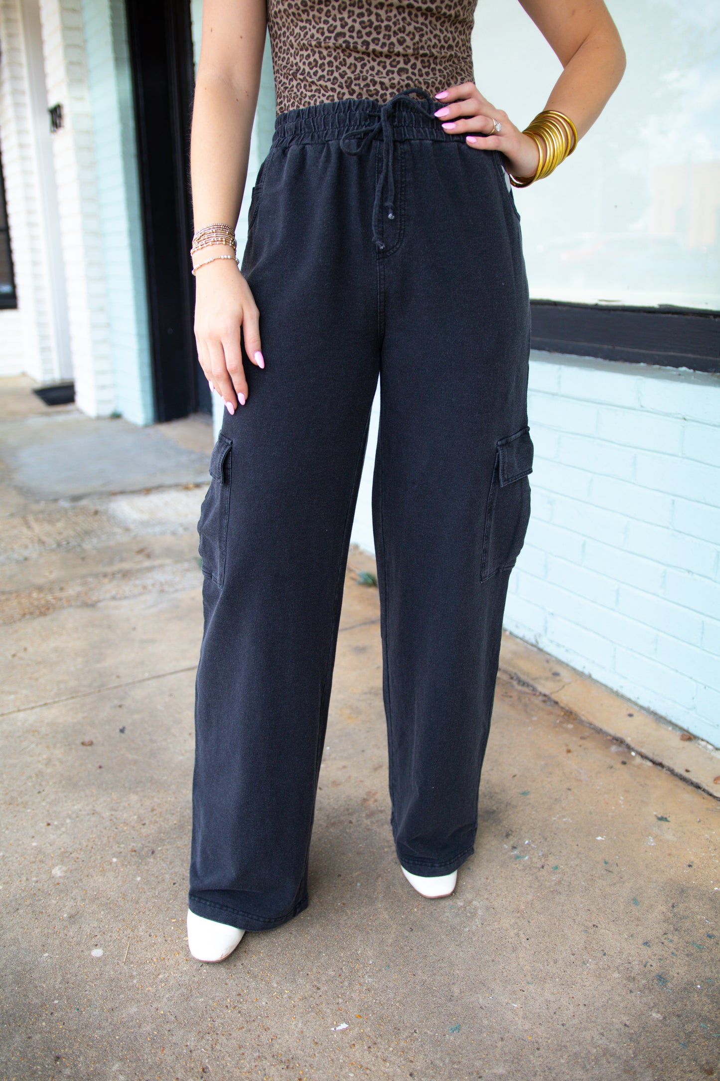 Black Mineral Wash Wide Leg Cargo Pants