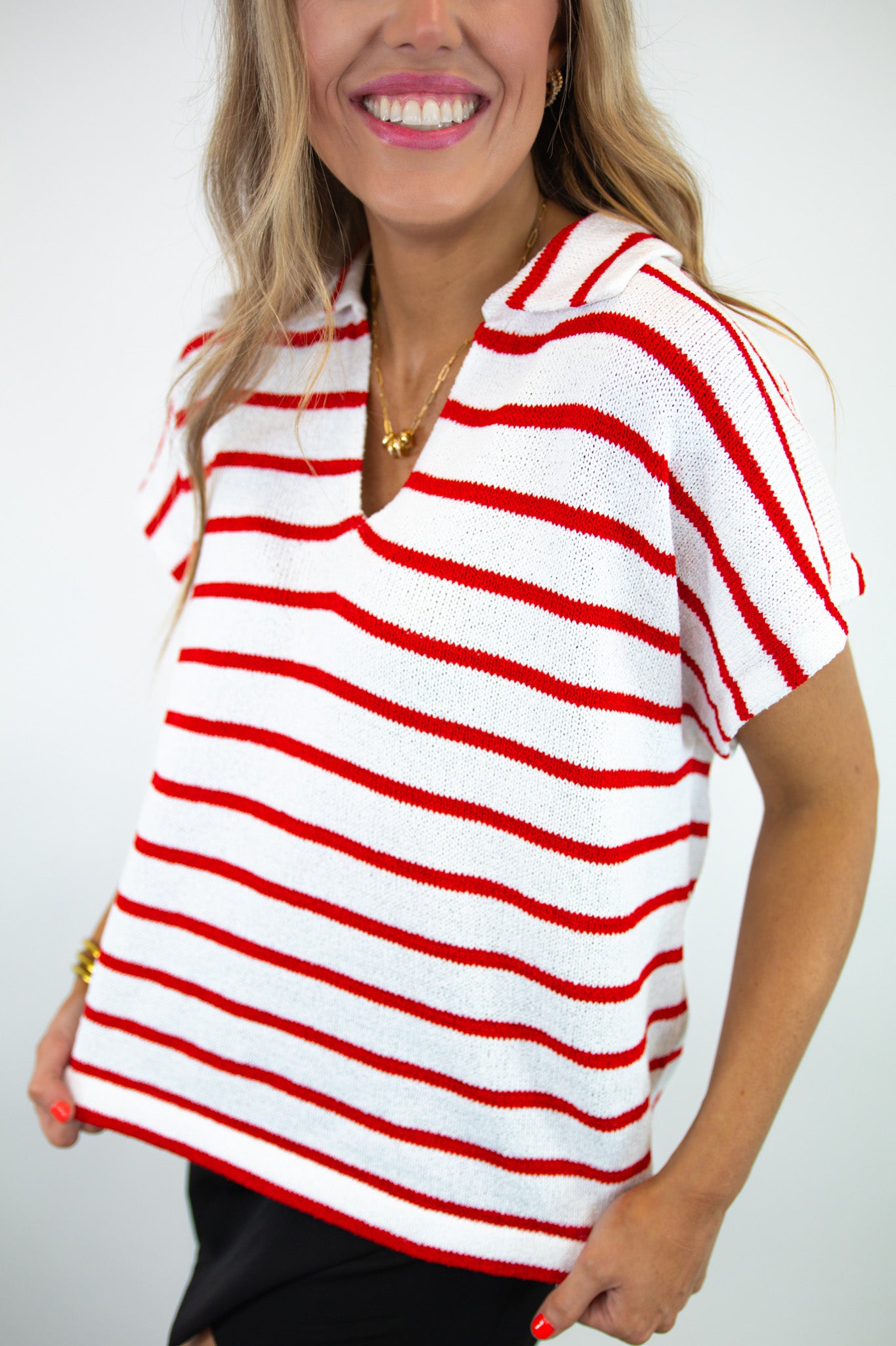 Striped Collared V-Neck Textured Top