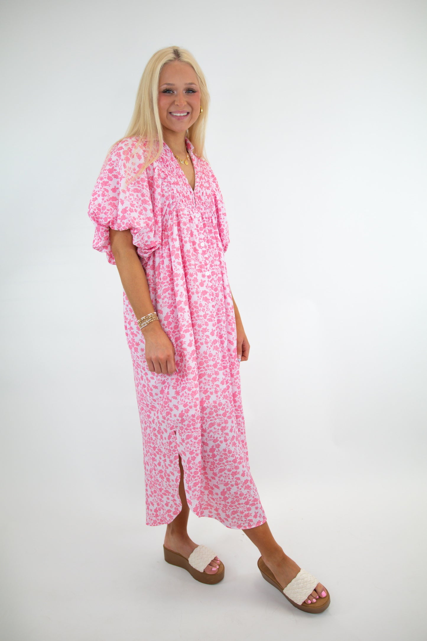 Pink Floral Smocked Maxi Dress